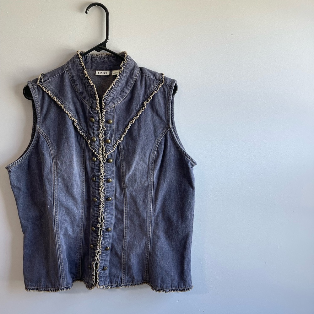 Vtg Cato Denim Ruffle Vest Womens XL Brass Button 90s Festival Western Cottage